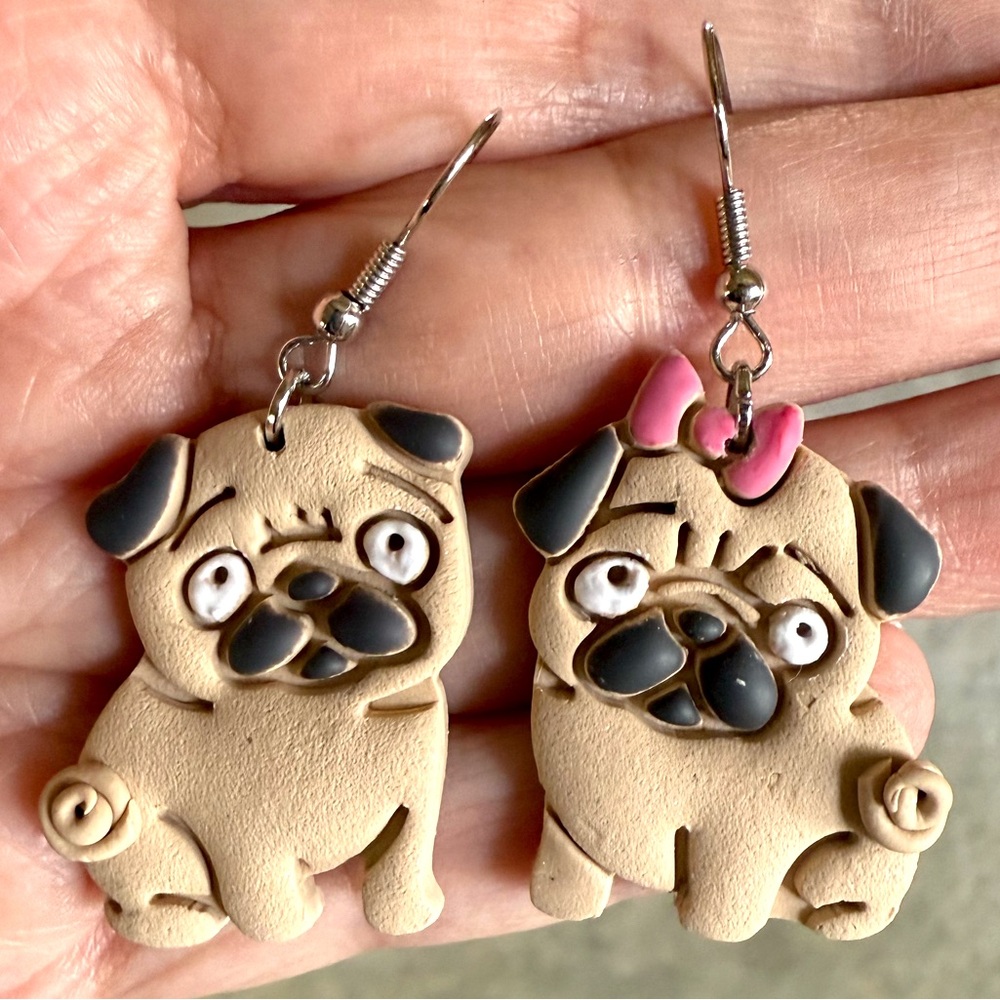 Handmade fawn pug earrings